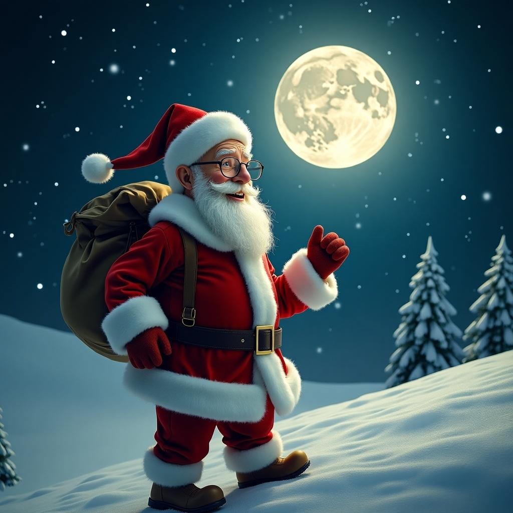 Santa Claus figure wearing a red suit and hat. Moon in the night sky. Snowy landscape with evergreen trees. Santa carries a bag. Dramatic lighting creates a festive mood.