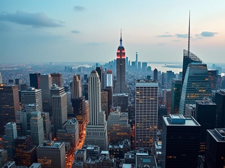 City skyline captured during dusk. Buildings illuminated with city lights. Empire State Building is prominent. Evening sky reflects shades of blue and gray.