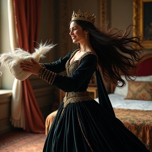 One woman inspired by Eleanor of Aquitaine in medieval queen style. Dark velvet gown, gold crown, smooth porcelain skin. Long flowing hair in motion. Throwing pillow with powerful arm. Pillow in the air with motion blur and feathers. Dynamic full-body pose with twisting torso. Intense playful smile and focused eyes. Soft warm lighting in a medieval royal bedroom.