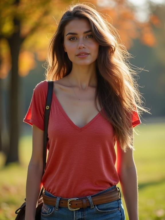 Beautiful mother walking outdoors. She wears a red t-shirt with a v-neckline and has long, flowing hair. Green park background shows soft afternoon sunlight. Carrying a shoulder bag. Natural and confident look.