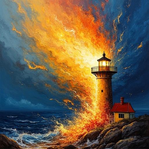 Lighthouse bursting with beam like erupting lava in an acrylic painting. Modern expressionism style inspired by Emil Nolde. Features impasto flames and a stormy sky swirl. Contrasting warm yellow-orange and indigo tones with explosive celestial lighting.