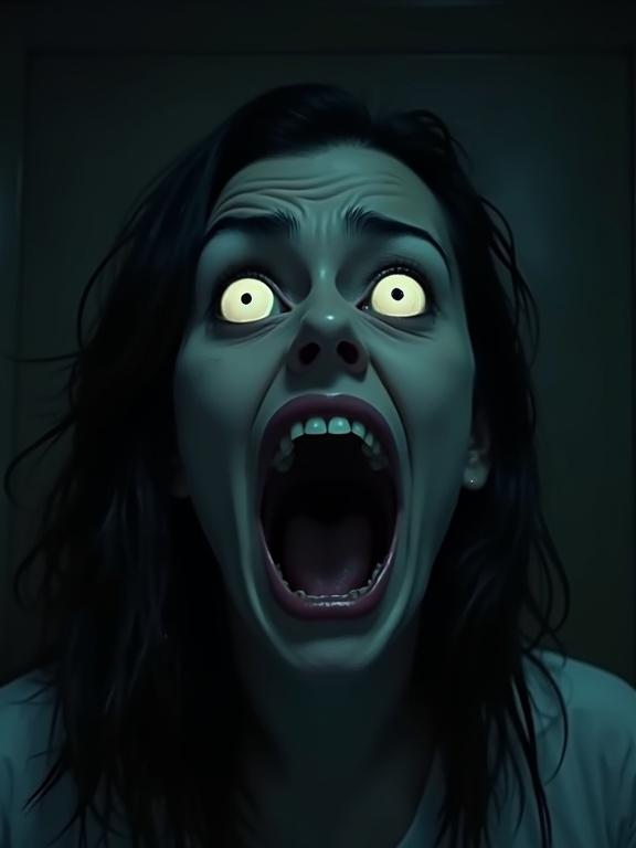 Dark room setting with a face showing immense fear. Person's eyes are wide open and mouth is screaming. Eerie and haunting atmosphere depicted in animated style.