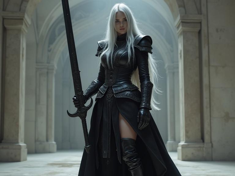 Fierce female warrior with silver-white long hair and pale skin wearing black leather fantasy armor. Holding a massive dark greatsword with gothic engravings. In a minimalistic room with dramatic shadows and photorealistic lighting.