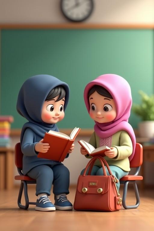 3D depiction of a boy and a girl wearing hijabs reading books in a classroom. Classroom setting includes a clock, desk, and colorful stationery.