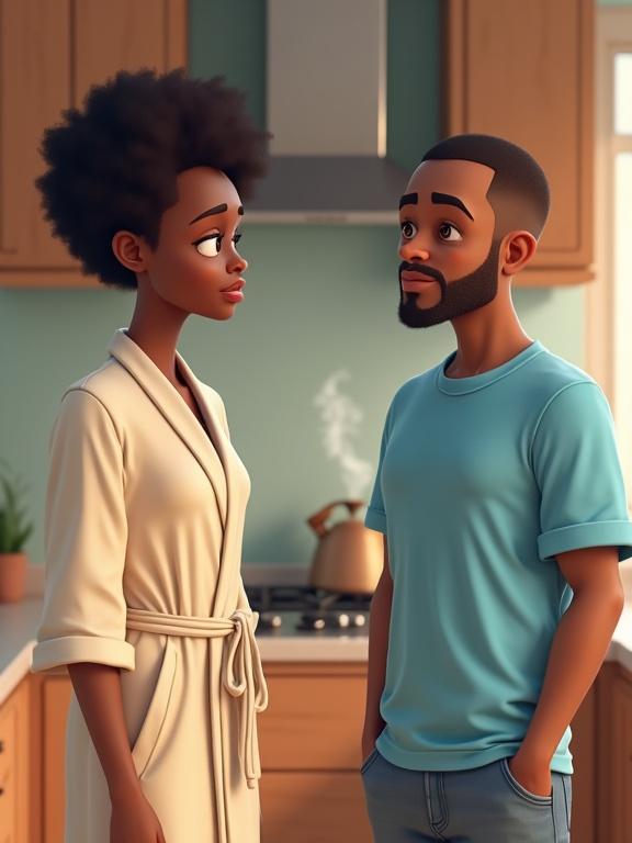A 28-year-old African woman with short natural hair, expressive eyes, in a morning robe, confronting a 35-year-old African man, clean-shaven, low-cut hair, dressed in a short-sleeve sky blue shirt and jean shorts. Set in a kitchen with coffee steam rising.