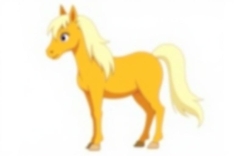 Cartoon horse with a golden-yellow coat and a white mane and tail. Isolated on a white background in anime style.