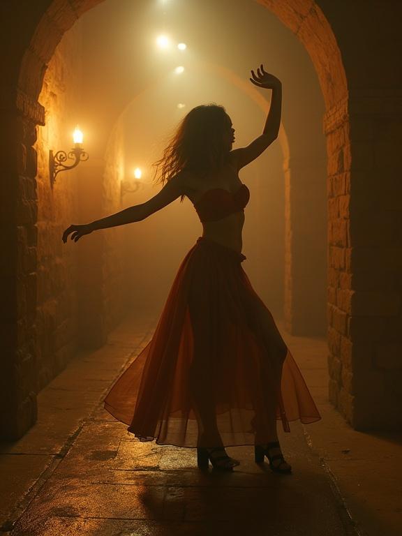 Dancing woman in a dimly lit dungeon. The scene features a faint haze with warm leather and copper tones. Golden lighting enhances the dramatic effect. The photograph has a vintage film quality with grain. A mix of dance and art creates a surreal ambiance.
