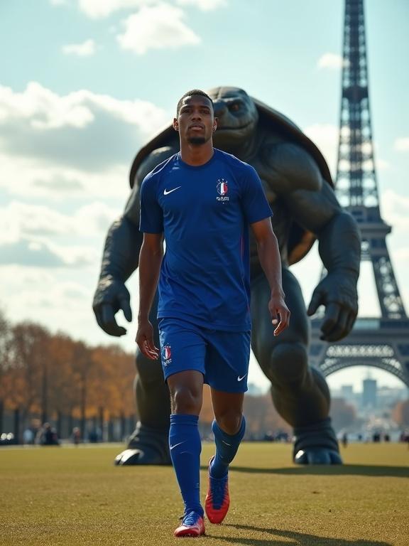 Photo-realistic depiction of Kylian Mbappé in blue France national football kit walking forward confidently near the Eiffel Tower with a giant turtle in the background.