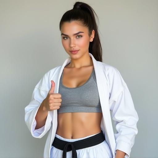 Young woman wearing a karate gi gives a thumbs up. She smiles lightly. Sports bra is grey. She has a fit and toned body. Hair is tied. Background is a plain, light wall. Focus is on her physique.