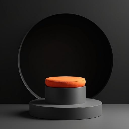 Sleek modern minimalist stool design with vibrant circular orange cushion atop smooth matte gray cylindrical base. Wider gray circular platform for stability behind is an ultra-thin black circular frame. Scene against solid black background emphasizing geometry, clean lines, contemporary aesthetics. Soft diffused lighting casts minimal shadows to highlight form and color interplay.