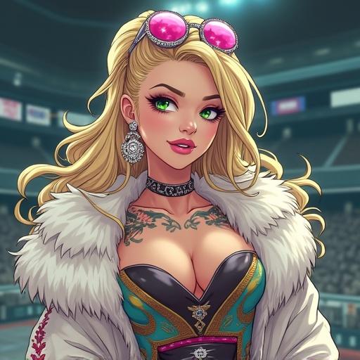 A beautiful anime woman with emerald green eyes. Light blonde wavy hair, oversized light pink diamond jewelry. Wearing a modern kamakiri ryu ninja grandmaster battle kimono. Show stylish futuristic elements. Positioned inside a luxurious martial arts arena.