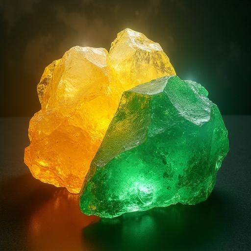 Imagen de cristales en colores amarillo y verde con un efecto diagonal que separa ambas partes de los cristales.