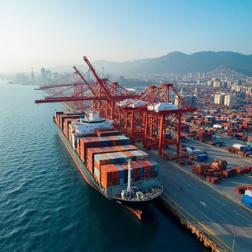 An aerial view of one of the busiest ports in the world. A large cargo ship is docked at the port. Numerous colorful shipping containers are stacked. Cranes are positioned to load and unload containers. The skyline of a city can be seen in the background.