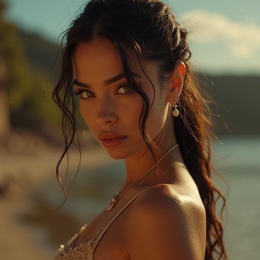 Wide full body shot of a woman with a long ponytail hairstyle and vintage makeup posing in an outdoor setting. The skin texture is extremely detailed with visible goosebumps all over the body. The hair appears slightly wet and gently clings to her face. Eyes have soft smudged mascara indicating a vintage look. The scene is illuminated by soft natural light enhancing the retro film aesthetics.