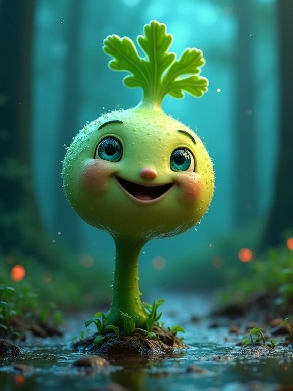 Whimsical animated creature with plant-like appearance in a wet forest. Round bulbous head in vibrant green. Large sparkling blue eyes and joyful expression. Small pink nose and wide happy mouth. Adorned with green parsley-like leaves. Short green stem anchored to ground. Tiny water droplets on surface. Dreamy forest background in teal-blue.