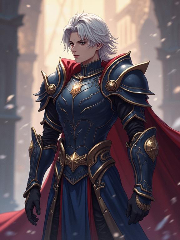 Masterpiece isekai character in mystic armor and shield. Character has white hair and is styled in anime fashion. Set in a mystical atmosphere with soft lighting.