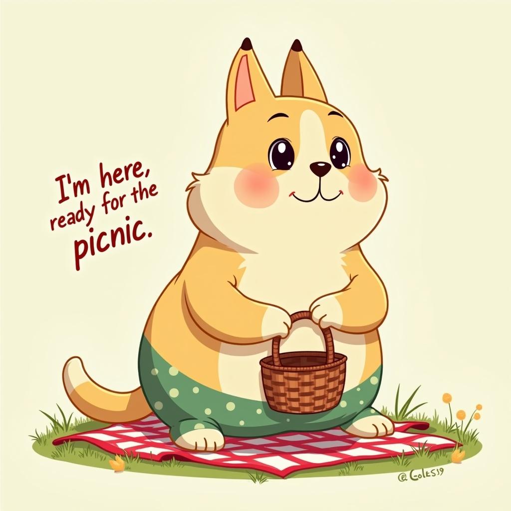 Create a digital illustration featuring a large cream-colored anthropomorphic animal, resembling a canine, preparing for a picnic. The animal should sit on a picnic blanket, adorned with a red, white, and blue checkered pattern. Dress the character in a light beige top with a greenish patterned bottom and have it hold a woven basket in its hands. Include the playful text 'I'm here, ready for the picnic' in a bubbly, cartoonish font. The overall aesthetic should mimic a 2D animated short, with vibrant and warm colors focusing on light beige and cream tones, along with small elements of grass in the background.