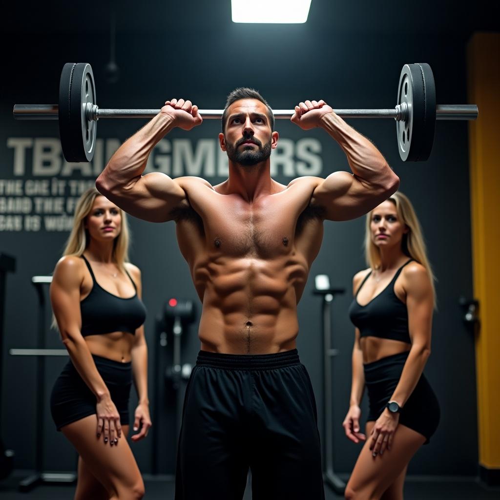 The image depicts a muscular man intensely focused on his workout in a gym environment. He is engaged in a physical activity, showcasing his sculpted physique under bright overhead lights. The background includes gym equipment and motivational phrases, creating an inspiring atmosphere. His facial expression reveals determination and commitment to fitness. The overall composition emphasizes the importance of strength training and a healthy lifestyle. A man holds a barbell overhead, with two women seated beside him, all confidently posing.