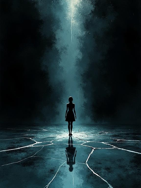 Digital watercolor painting of a silhouette of a woman standing on a large glass area. The glass is cracking beneath her feet. Reflections show a cosmic void. The scene is dark with a noir atmosphere and smooth brush strokes. Minimalist style.