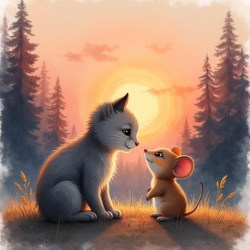 Watercolor illustration at forest edge during sunset. Grey cat cub and mouse facing each other with emotion. Warm orange and pink sky in background. Forest fades into distance.