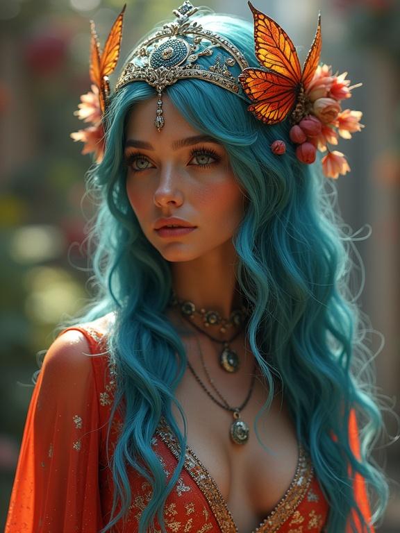 Portrait of a woman with turquoise hair wearing a crown of butterflies and flowers. Ethereal atmosphere with soft lighting. Highly detailed and vibrant colors. Fantasy look with intricate costume design.