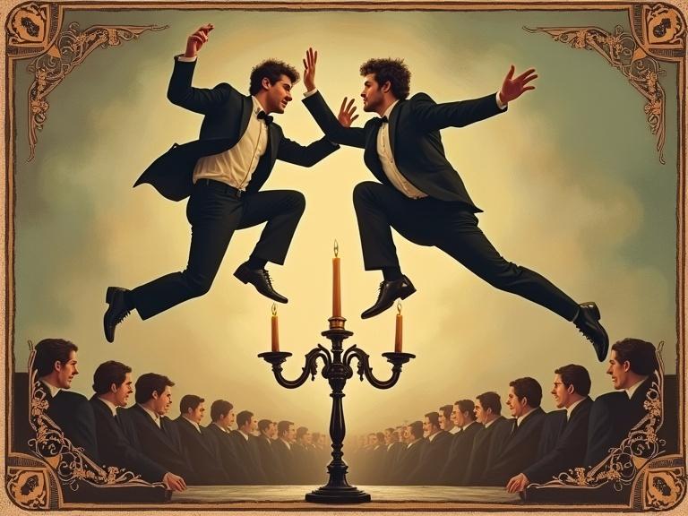 Action scene with two men jumping in the same direction over a candelabra. Vintage ornate background. Business card for Jack B. Nimble & Jack B. Quick. Available for parties special events and all leaping needs. Candelabras are specialty. Crowd watching.