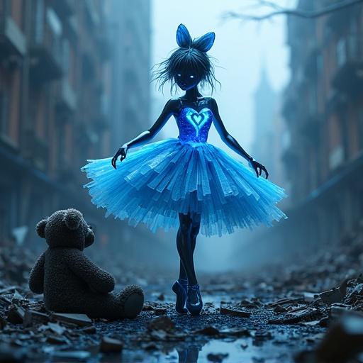 Surreal abstract artwork depicting a cyberpunk ballerina. She has glowing light blue eyes made of translucent glassigami. Ballerina wears a light blue tutu and dances on debris in a post-apocalyptic city. A teddy bear looks at her in wonder. Dreamlike and emotional atmosphere.
