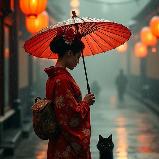 Geisha stands in the rain with a red umbrella. Cat sits nearby looking up. Lanterns glow warmly in the mist. The atmosphere is calm and serene.