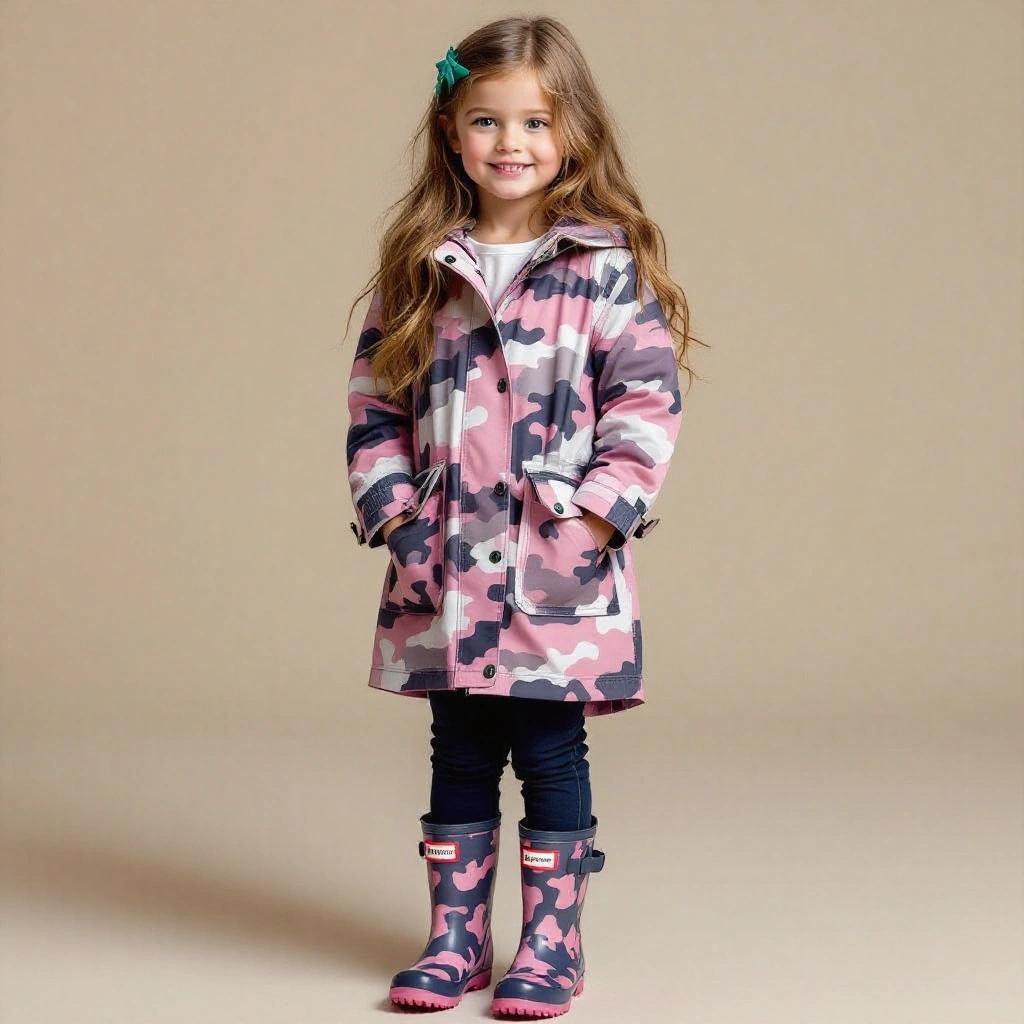 A girl wears a long camouflage-pink raincoat paired with navy-blue track pants and camouflage-pink Hunter wellies. The focus is on her outfit against a neutral background without other distractions.