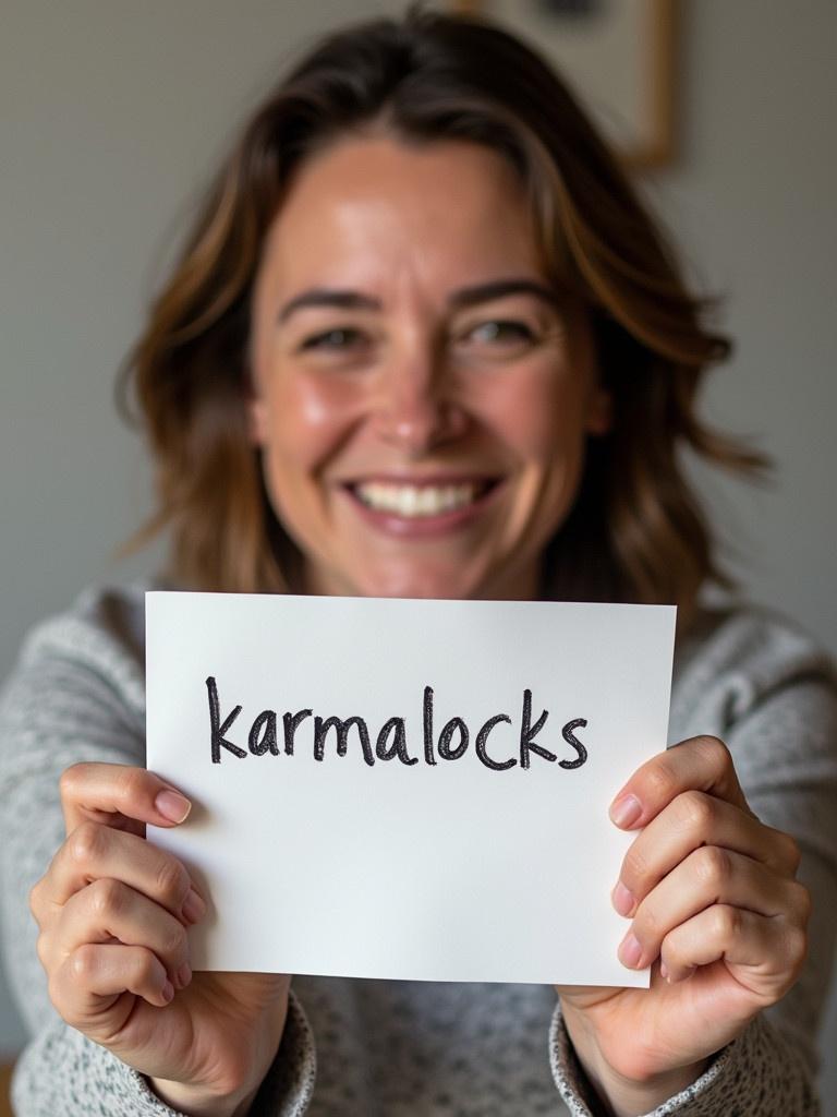 Person holds a sign with the written name karmalocks. Joyful expression and natural lighting. The focus is on the sign held in hands.