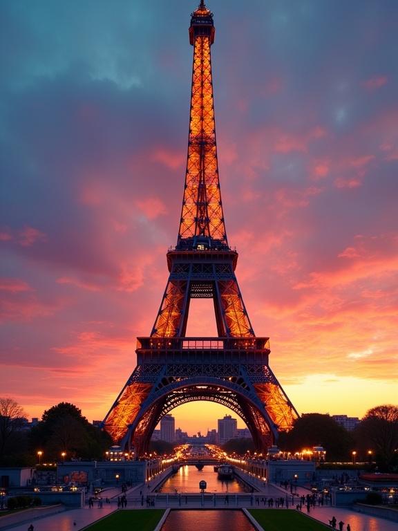 Stunning view of the Eiffel Tower during sunset. Dramatic colors fill the sky. The tower glows with lights from within. Architectural grandeur contrasts with vibrant background.