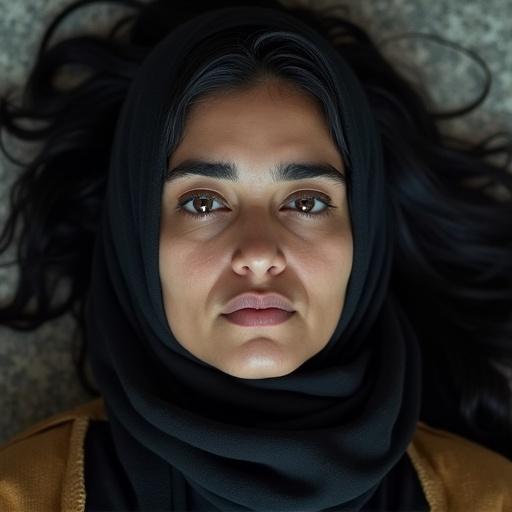 Image of a woman lying on the floor with black hair and dark skin. She has almond-shaped dark brown eyes and thick eyebrows. The expression is serious with wide-open eyes and closed mouth.