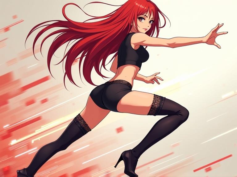 Dynamic anime-style character in a running pose. Flowy red hair. Wearing sleek black shorts and high-heeled boots. Stylized geometric background with motion lines. Clean vector art style. Influenced by modern anime and manga.