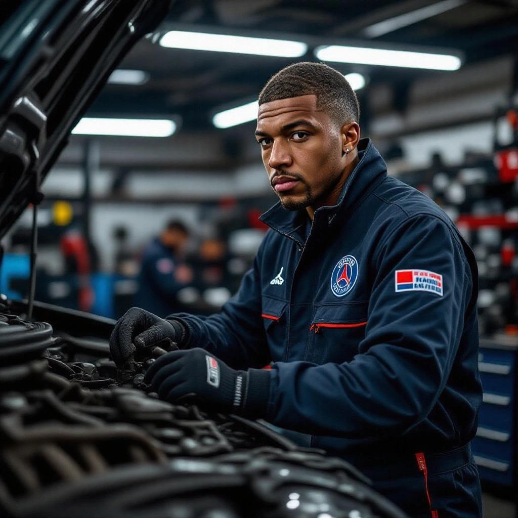 A mechanic working on a vehicle in a workshop. The mechanic has short hair and is wearing a jacket with the logo of a sports team. Tools and car parts are visible around. The workshop has a professional setup with bright lights.