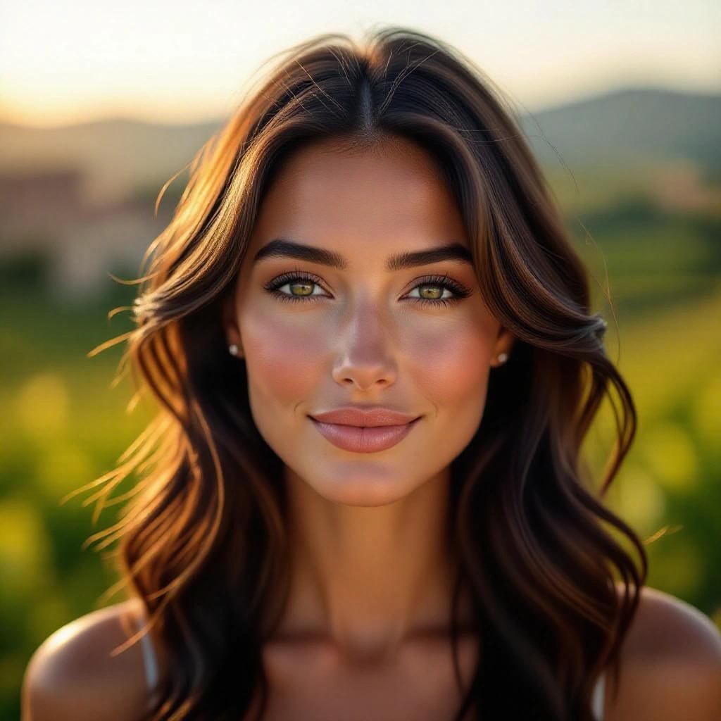 Close-up portrait of a beautiful woman's face. She looks at the camera with a confident smile. Long brown hair cascades in soft waves with warm sunlight. Skin is luminous, with realistic texture. Expression is soft and alluring with defined features and subtle makeup. Background is blurred countryside with stone buildings and vineyards in sunset light. Ultra-detailed 8K resolution with professional beauty lighting.