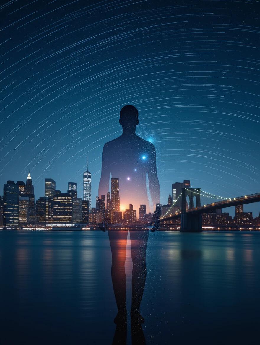 Human figure stands still under night sky. Body dissolves into luminous skyline. Double exposure with drifting ink splatter. Subtle star trails. Fusion of man and city.