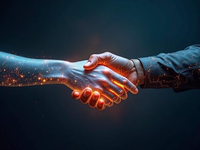 Synergy between human and machine with a glowing handshake in a dark setting. The human hand meets a machine-like hand in a display of collaboration and innovation. Glowing elements symbolize connection and partnership.