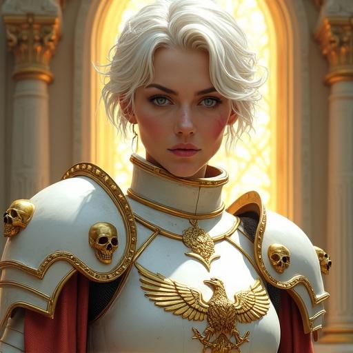 Portrait of a noble female knight or holy warrior. Highly detailed character with short wavy platinum blonde hair and ice-blue eyes. Includes a faint scar on her cheek. Wears ornate white and gold plate armor with an Aquila symbol. Features a red cape. Background shows gothic architecture. Intense and direct gaze. Powerful divine lighting.