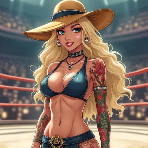 A muscular woman stands confidently in a luxurious martial arts arena. She has extremely large light blonde wavy hair and colorful traditional Japanese tattoos. Wearing a modern Capoeira outfit, she sports piercings and a stylish fitted wide-brimmed hat. The atmosphere is vibrant and energetic, reflecting a summer event. Her pose exudes strength and determination, fitting for a competitive martial arts fighter.