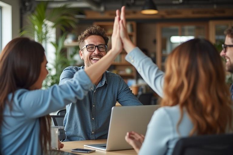 Office setting with coworkers celebrating. People giving high fives with excited gestures. Casual attire in a modern open workspace. Laptops and bookshelves in background. Natural lighting creating a cheerful mood. Expressions reflecting teamwork and success.