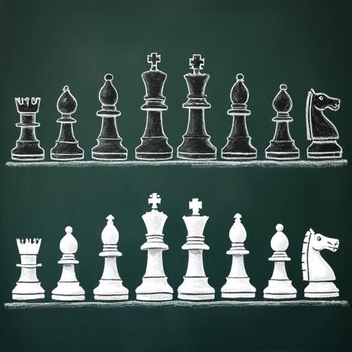 Technical chalkboard drawing of standard chess pieces. Two horizontal rows of chess pieces are displayed. Top row has black pieces with thick white chalk outlines, sketchy and hollow. Bottom row features white pieces drawn with thicker, brighter chalk, partially filled with white. Both rows include king, queen, bishop, knight, and rook. Hand-drawn blueprint style on matte blackboard with slight green hue. Clean layout with equal spacing.