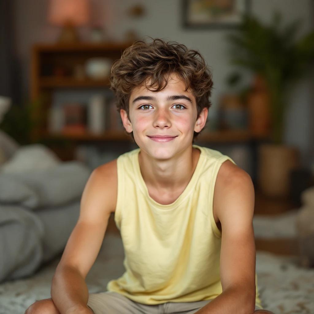 Portrait of a 12-year-old boy. Brown hair and brown eyes. Athletic build. Wearing a light yellow tank top and short jeans. Sitting on the floor. Room is interestingly decorated.