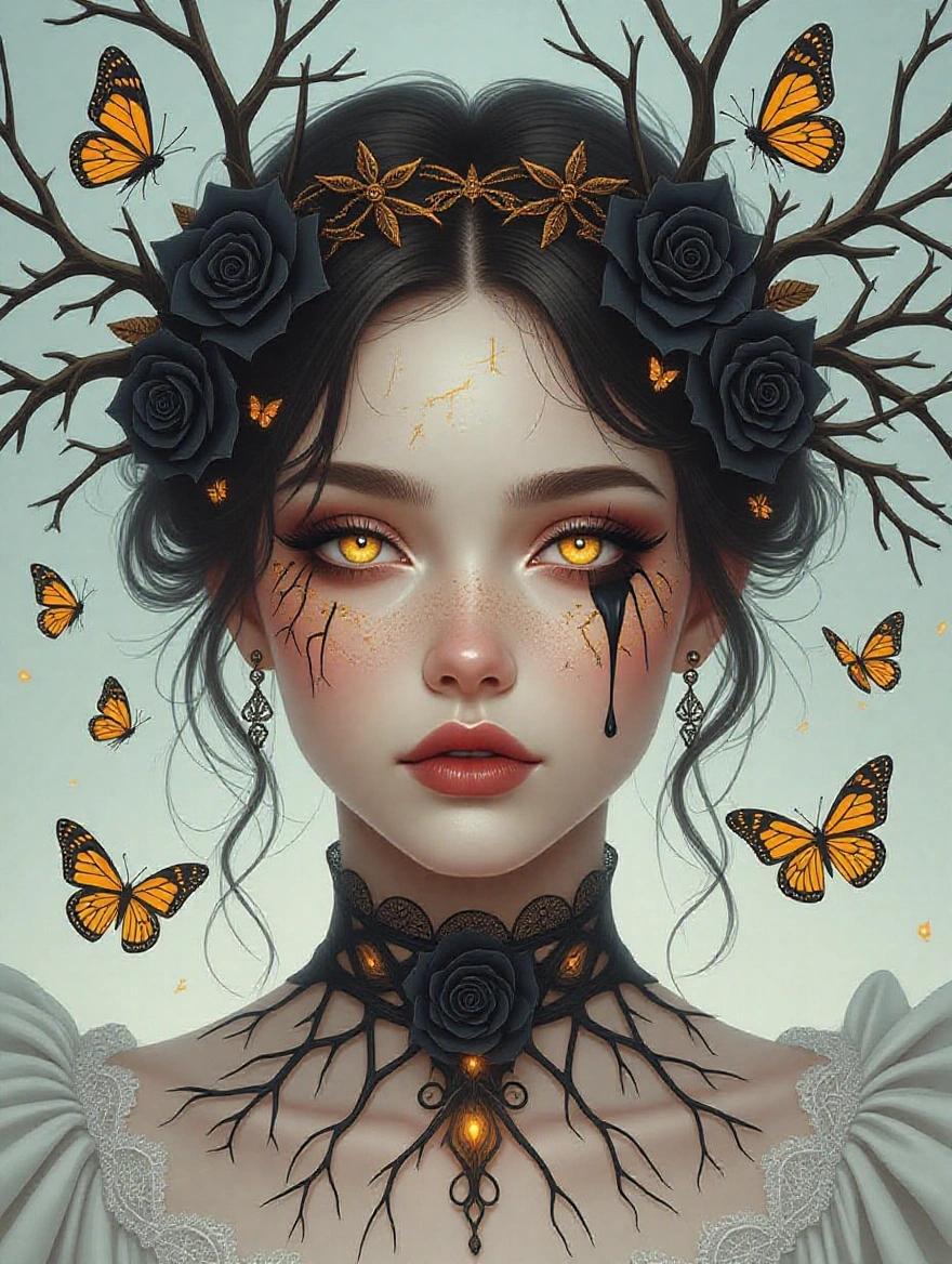 Portrait of a woman with glowing amber eyes. Skin has a frost-kissed alabaster tone. Surrounded by golden moths. Crown of twisted roots with black rose stems. Eyes hold mysterious runes. Dark lips slightly parted. One black ichor tear on cheek. Bioluminescent veins visible on throat. Delicate lace choker made from shrouds and silk. Evokes a sense of beauty and dread.