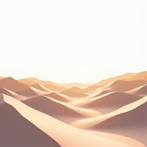Illustration of a desert landscape. White background. Dunes have rounded shapes. Soft colors with bright horizon. Cutout black outlines on white.