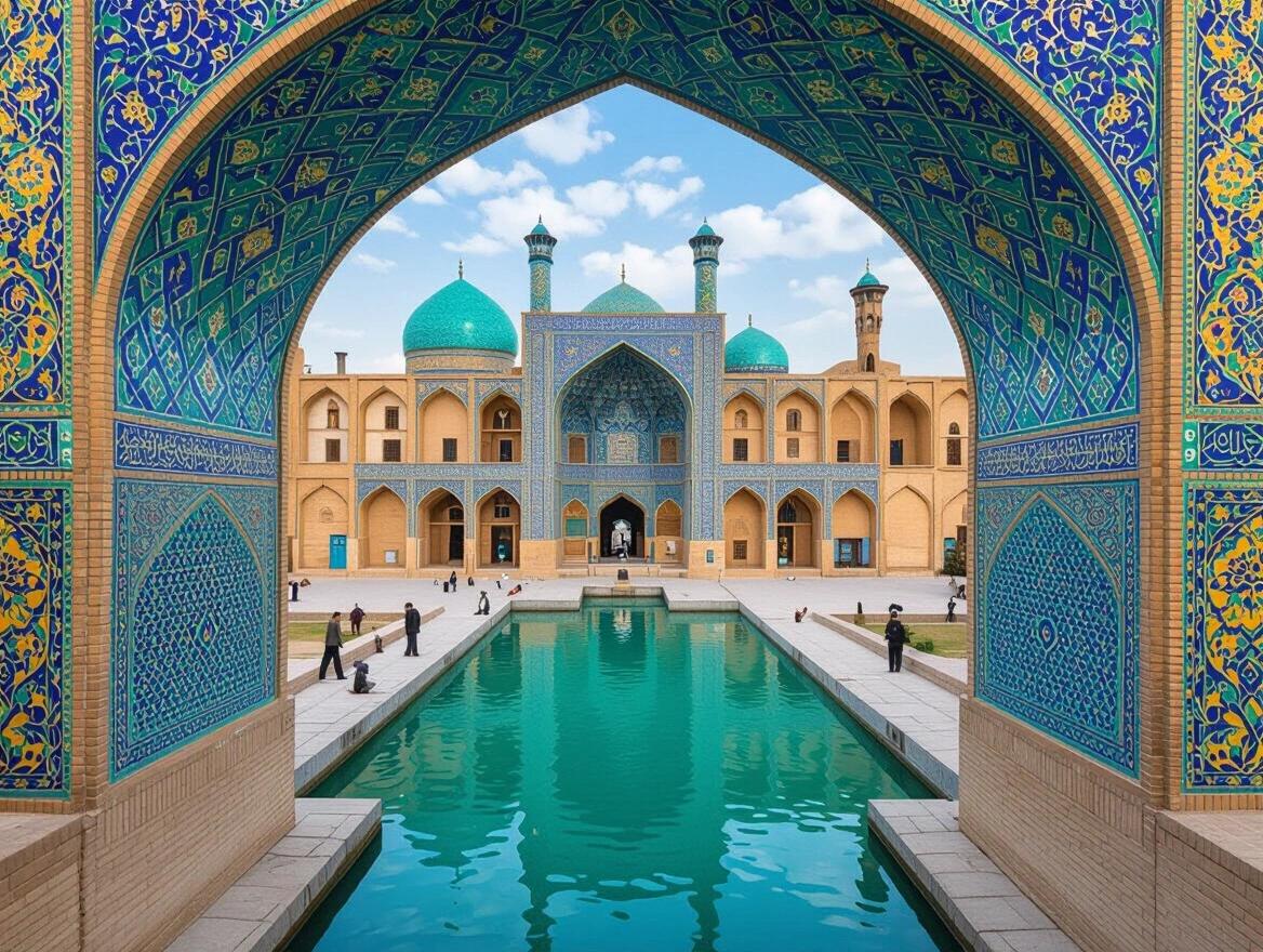 Realistic photo of Si-o-se Pol in Isfahan. It features detailed Persian architecture with turquoise domes. A serene water pool reflects the intricate tile work. Visitors admire the beauty of the structure. Bright blue sky enhances the scene.