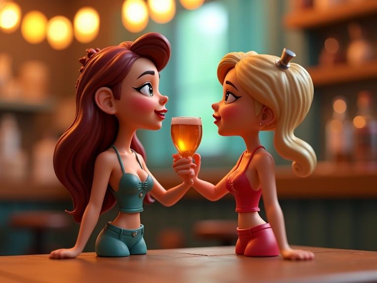 Two toy women interact playfully. They hold a beer glass in a vibrant tavern setting. The artwork has wit and exaggeration. The style is colorful and creative. Great for entertainment or marketing. Satirical theme portrayed in a lively atmosphere.