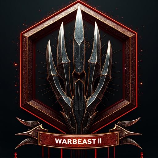 Jagged claw emerging from hexagon. Three points enclose a steel ‘3’ mixed with data matter. Lower half fades in and out. Red sonar traces perimeter. Banner reads 'WARBEAST III'.