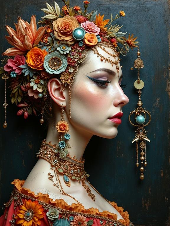 3D mixed media artwork featuring a woman in profile with floral decorations. Intricate detailing and whimsical elements present. Composition shows jewelry and ornate patterns. Inspired by various artists.