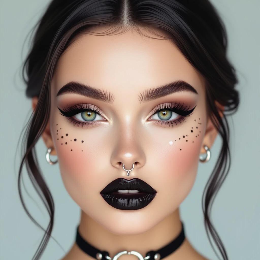 Realistic full-face portrait of a gothic woman. She has a soft, rounded face with full lips and glossy black lipstick. Bright, dark eyes with long lashes and smoky eyeshadow. Pale skin with symmetrical henna freckles. Silver septum ring. Long, dark hair without bangs. Centered portrait with soft lighting.