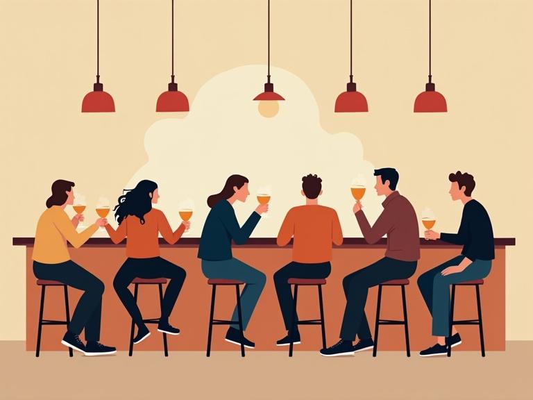 Minimalist illustration of a bar scene featuring a group of stylized characters. Characters have non-proportional body types and playful distortions. Clean lines and flat colors. Simple, functional clothing. Background is abstract with minimal detail.
